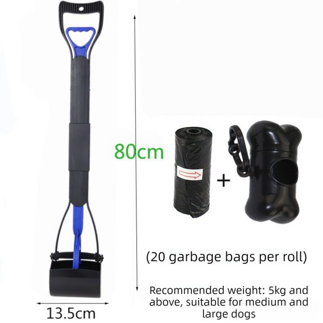 Super Long 80cm Foldable Pet Pooper Scooper Heavy Duty Dog Waste Picker No Bending Jaw Clamp with Dispenser & Bags Blue.