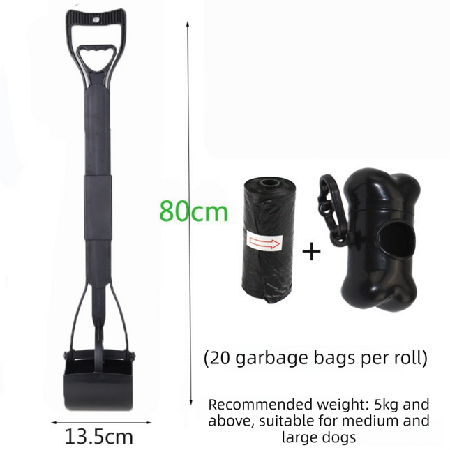 Super Long 80cm Foldable Pet Pooper Scooper Heavy Duty Dog Waste Picker No Bending Jaw Clamp with Dispenser & Bags Black.