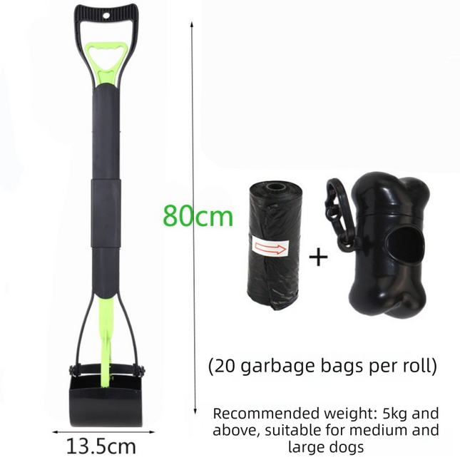 Super Long 80cm Foldable Pet Pooper Scooper Heavy Duty Dog Waste Picker No Bending Jaw Clamp with Dispenser & Bags Green.