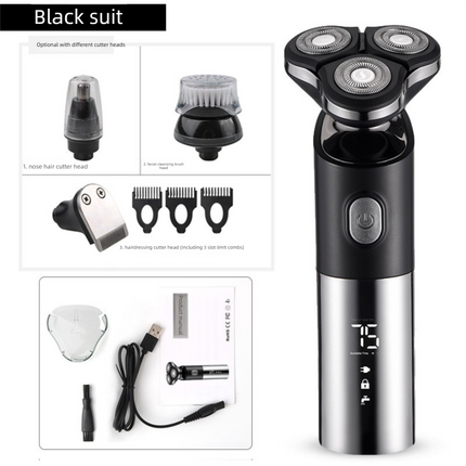 Men's 4-in-1 Electric Shaver Grooming Kit 3D Rotary Razor with Nose Trimmer Hair Clipper Facial Brush Wet & Dry Waterproof Black.