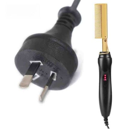 2-in-1 Electric Hot Comb Hair Straightener & Curler Titanium Alloy Heating Fast Heat Up Anti-Scald Pressing Comb with AU Plug 3 Temp Settings Gold.