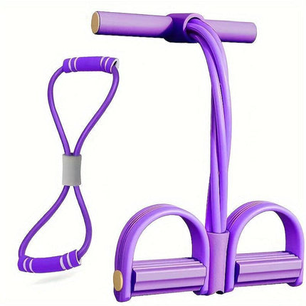 2 PCS 4-Tube Pedal Resistance Band & Figure 8 Chest Expander Purple Elastic Sit Up Pull Rope for Home Gym Yoga Pilates.