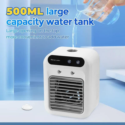 Portable 500ml Large-Capacity Air Cooler Fan - 9-Blade Strong Wind & Wide-Angle Oscillation, Easy Top-Fill Desktop Evaporative Humidifier.