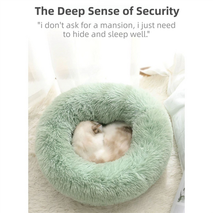 Grey Cozy Donut Long Plush Cat & Dog Calming Bed(Diameter 50cm) - Double-Layer PP Cotton Filling Warming Pet Bed with Anti-Slip Base & Free Blanket.