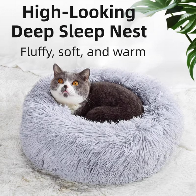 Green Cozy Donut Long Plush Cat & Dog Calming Bed(Diameter 50cm) - Double-Layer PP Cotton Filling Warming Pet Bed with Anti-Slip Base & Free Blanket.