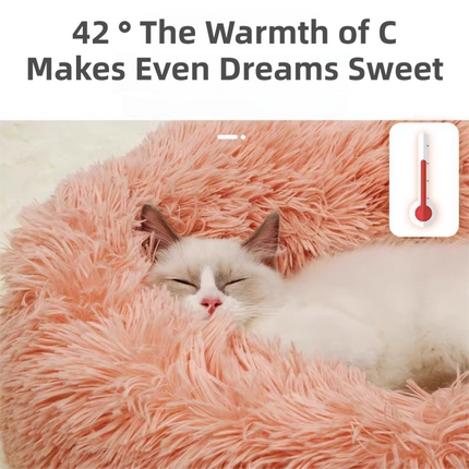 Green Cozy Donut Long Plush Cat & Dog Calming Bed(Diameter 50cm) - Double-Layer PP Cotton Filling Warming Pet Bed with Anti-Slip Base & Free Blanket.