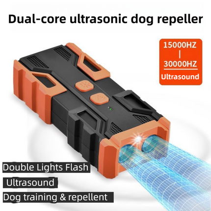 Portable Double-Head Mech Model Ultrasonic Dog Repeller & Trainer with LED Flashlight - Multi-Function Pet Safety Device for Outdoors.