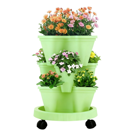 Green 3-Tier Stackable Strawberry & Vegetable Planter with Mobile Wheel Tray - Space-Saving Vertical Gardening System.