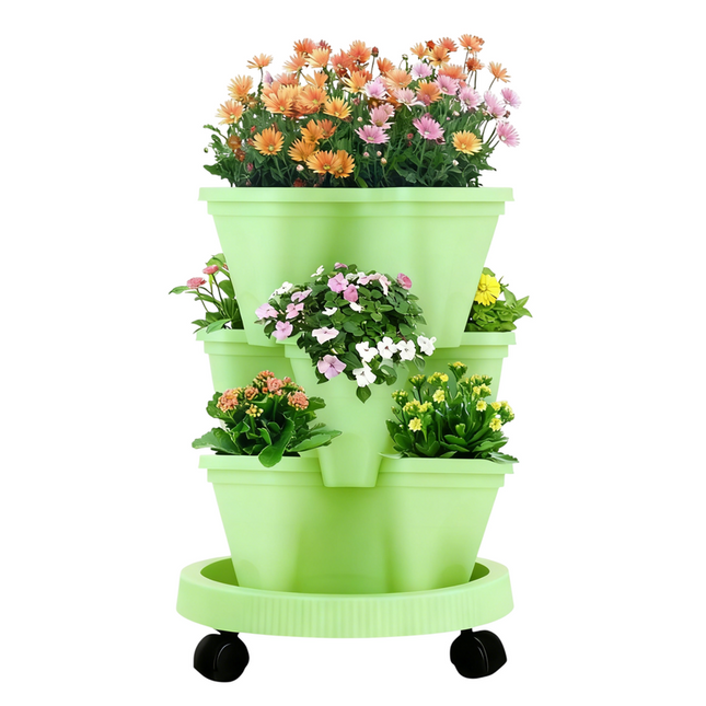 Green 3-Tier Stackable Strawberry & Vegetable Planter with Mobile Wheel Tray - Space-Saving Vertical Gardening System.