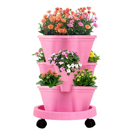Pink 3-Tier Stackable Strawberry & Vegetable Planter with Mobile Wheel Tray - Space-Saving Vertical Gardening System.