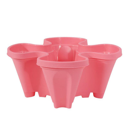 Pink 3-Tier Stackable Strawberry & Vegetable Planter with Mobile Wheel Tray - Space-Saving Vertical Gardening System.
