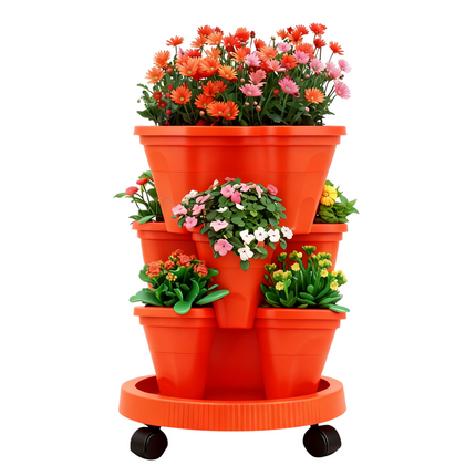 Red 3-Tier Stackable Strawberry & Vegetable Planter with Mobile Wheel Tray - Space-Saving Vertical Gardening System.