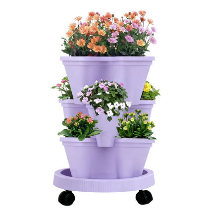 Purple 3-Tier Stackable Strawberry & Vegetable Planter with Mobile Wheel Tray - Space-Saving Vertical Gardening System.