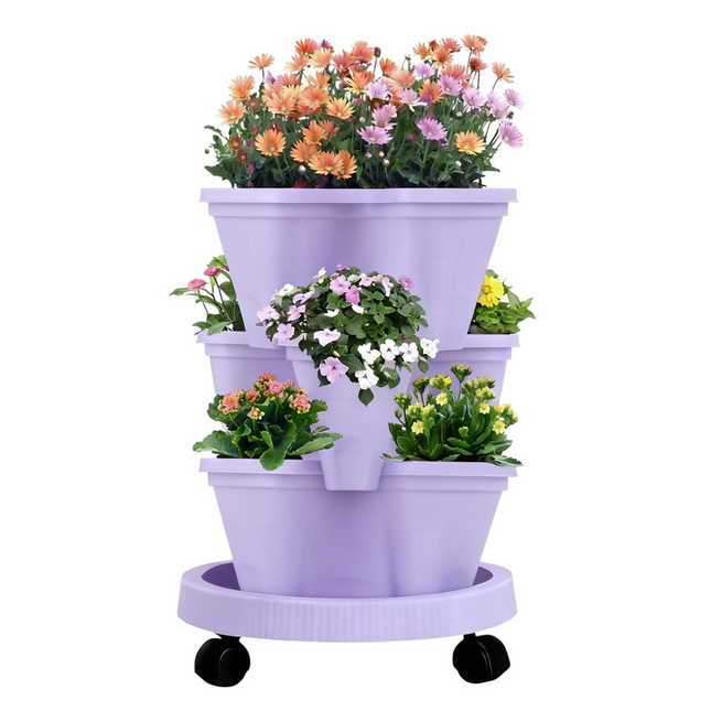 Purple 3-Tier Stackable Strawberry & Vegetable Planter with Mobile Wheel Tray - Space-Saving Vertical Gardening System.