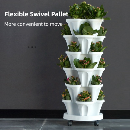 Purple 3-Tier Stackable Strawberry & Vegetable Planter with Mobile Wheel Tray - Space-Saving Vertical Gardening System.