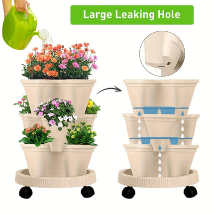 Purple 3-Tier Stackable Strawberry & Vegetable Planter with Mobile Wheel Tray - Space-Saving Vertical Gardening System.