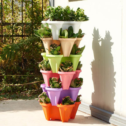 Purple 3-Tier Stackable Strawberry & Vegetable Planter with Mobile Wheel Tray - Space-Saving Vertical Gardening System.