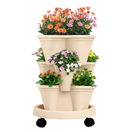 Beige 3-Tier Stackable Strawberry & Vegetable Planter with Mobile Wheel Tray - Space-Saving Vertical Gardening System.