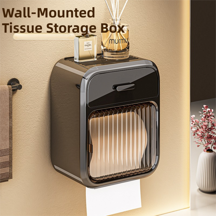 Black No-Drill Wall Mounted Toilet Paper Holder with Storage Shelf and Drawer - Waterproof Bathroom Tissue Dispenser for Roll & Face Tissue.