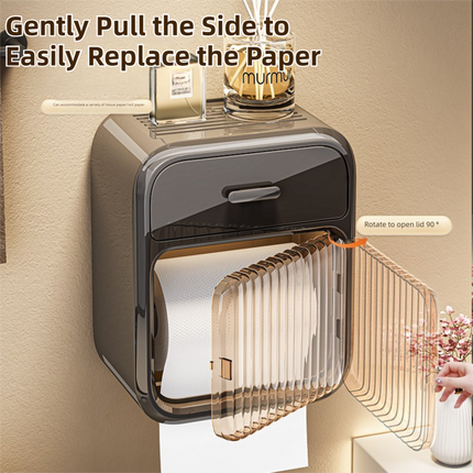Black No-Drill Wall Mounted Toilet Paper Holder with Storage Shelf and Drawer - Waterproof Bathroom Tissue Dispenser for Roll & Face Tissue.