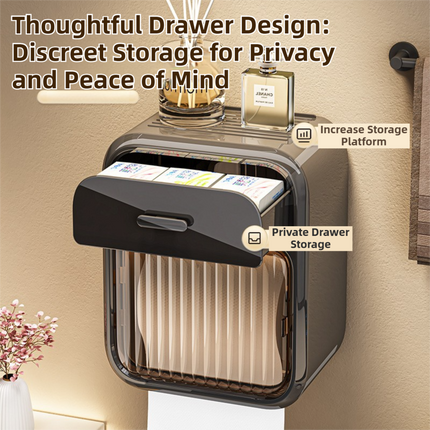 Black No-Drill Wall Mounted Toilet Paper Holder with Storage Shelf and Drawer - Waterproof Bathroom Tissue Dispenser for Roll & Face Tissue.