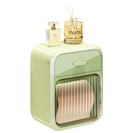 Mint Green No-Drill Wall Mounted Toilet Paper Holder with Storage Shelf and Drawer - Waterproof Bathroom Tissue Dispenser for Roll & Face Tissue.