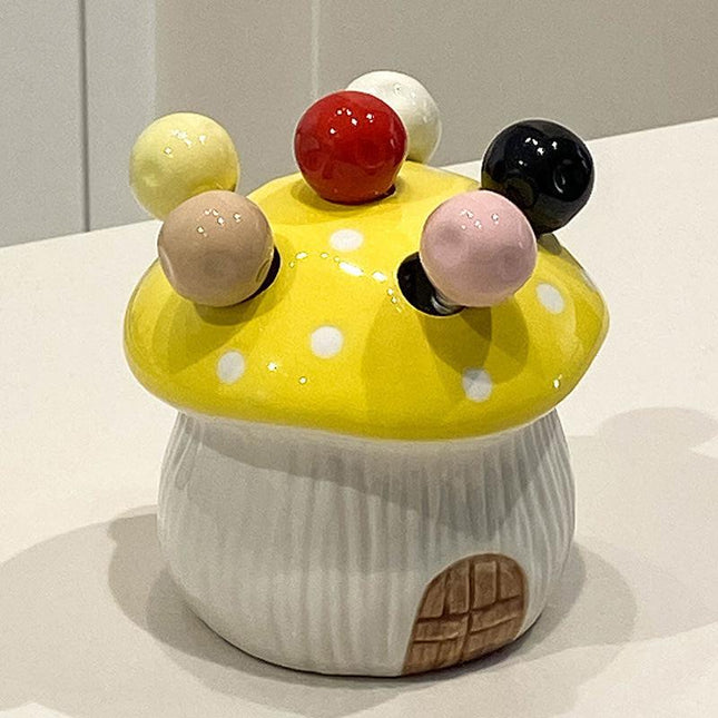Yellow Cute Cartoon Mushroom Mirror Polished Cutlery Jar with 6-Piece Stainless Steel Fruit Fork Set - Dessert Picks/Appetizer Forks.