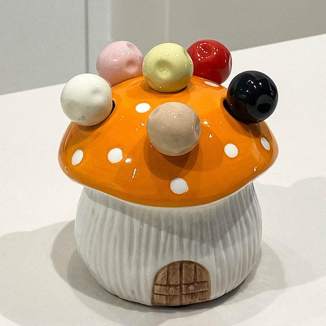 Orange Cute Cartoon Mushroom Mirror Polished Cutlery Jar with 6-Piece Stainless Steel Fruit Fork Set - Dessert Picks/Appetizer Forks.