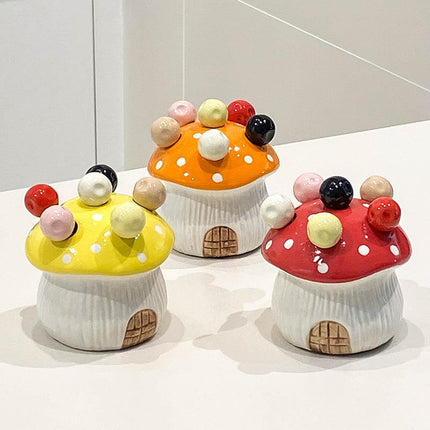 Orange Cute Cartoon Mushroom Mirror Polished Cutlery Jar with 6-Piece Stainless Steel Fruit Fork Set - Dessert Picks/Appetizer Forks.
