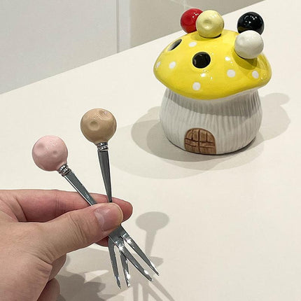 Orange Cute Cartoon Mushroom Mirror Polished Cutlery Jar with 6-Piece Stainless Steel Fruit Fork Set - Dessert Picks/Appetizer Forks.