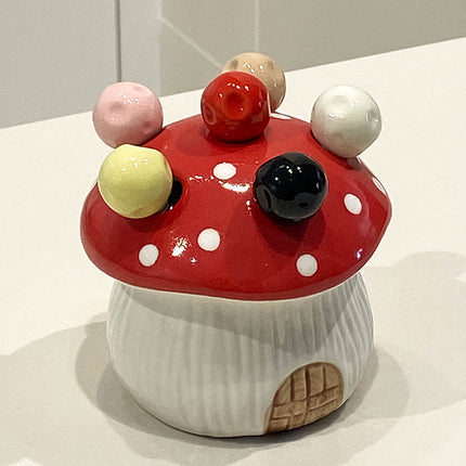 Red Cute Cartoon Mushroom Mirror Polished Cutlery Jar with 6-Piece Stainless Steel Fruit Fork Set - Dessert Picks/Appetizer Forks.