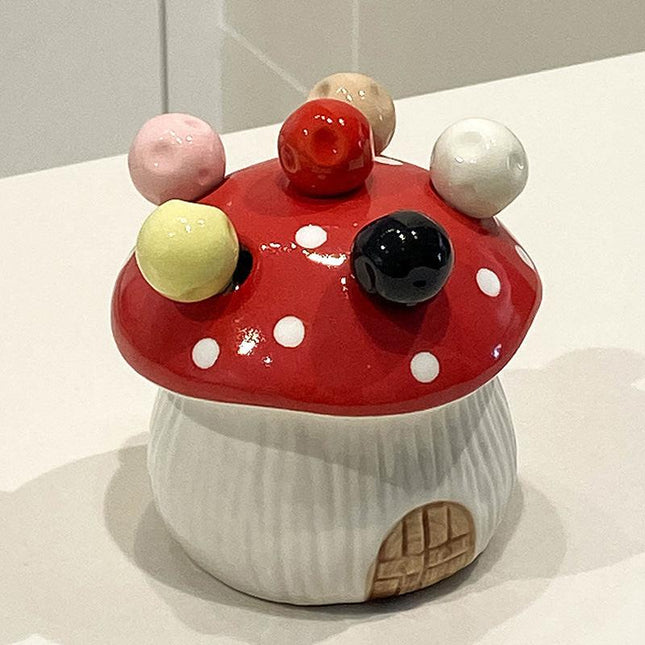Red Cute Cartoon Mushroom Mirror Polished Cutlery Jar with 6-Piece Stainless Steel Fruit Fork Set - Dessert Picks/Appetizer Forks.