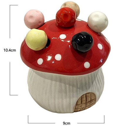 Red Cute Cartoon Mushroom Mirror Polished Cutlery Jar with 6-Piece Stainless Steel Fruit Fork Set - Dessert Picks/Appetizer Forks.
