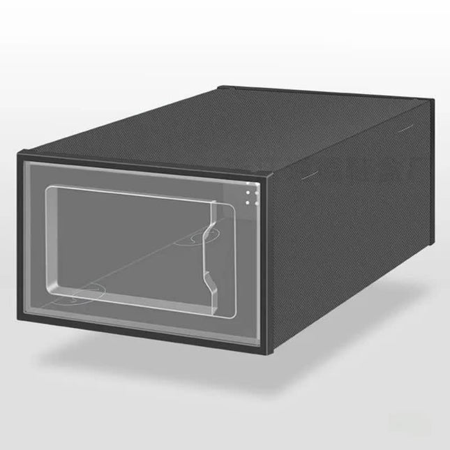 2-Pack Black Clear Stackable Shoe Storage Organizer Boxes - Durable Plastic Sneaker Display and Closet Storage Containers with Magnetic Drop Front.