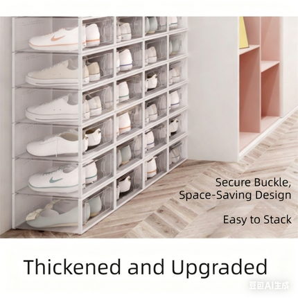 2-Pack Black Clear Stackable Shoe Storage Organizer Boxes - Durable Plastic Sneaker Display and Closet Storage Containers with Magnetic Drop Front.