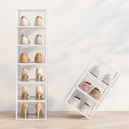 2-Pack Black Clear Stackable Shoe Storage Organizer Boxes - Durable Plastic Sneaker Display and Closet Storage Containers with Magnetic Drop Front.