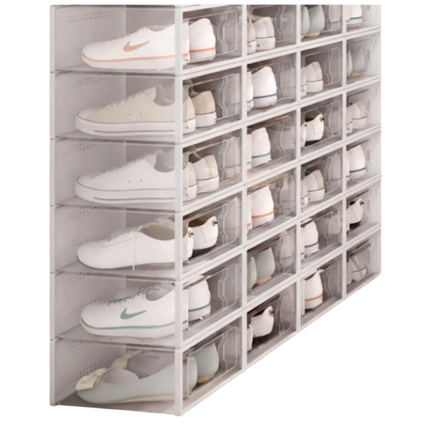 2-Pack Black Clear Stackable Shoe Storage Organizer Boxes - Durable Plastic Sneaker Display and Closet Storage Containers with Magnetic Drop Front.