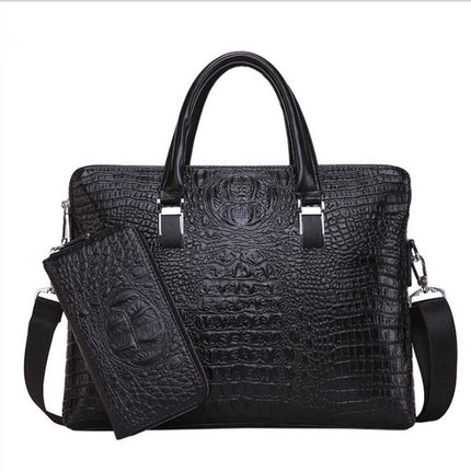 Black Men's Luxury Crocodile Embossed PU Leather Briefcase(39 x 8 x 28 CM) With FREE Crocodile Wallet - Dual-Zip Business Shoulder/Crossbody Laptop Bag (Fits 14-inch).