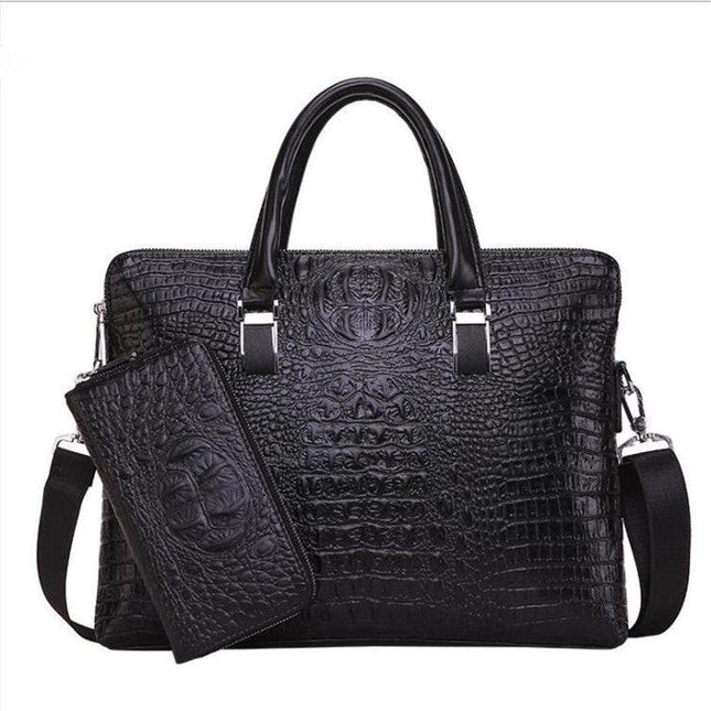 Black Men's Luxury Crocodile Embossed PU Leather Briefcase(39 x 8 x 28 CM) With FREE Crocodile Wallet - Dual-Zip Business Shoulder/Crossbody Laptop Bag (Fits 14-inch).