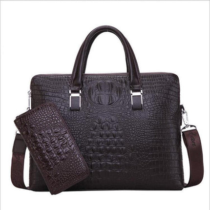 Brown Men's Luxury Crocodile Embossed PU Leather Briefcase(39 x 8 x 28 CM) With FREE Crocodile Wallet - Dual-Zip Business Shoulder/Crossbody Laptop Bag (Fits 14-inch).