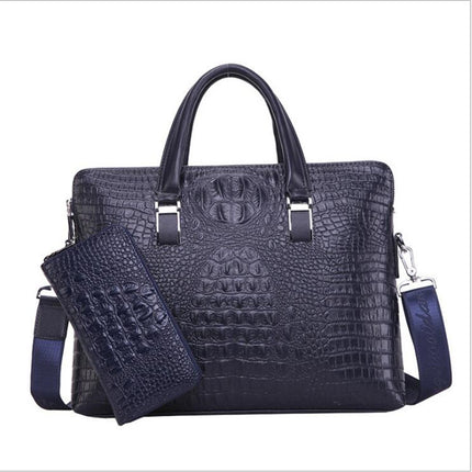 Blue Men's Luxury Crocodile Embossed PU Leather Briefcase(39 x 8 x 28 CM) With FREE Crocodile Wallet - Dual-Zip Business Shoulder/Crossbody Laptop Bag (Fits 14-inch).