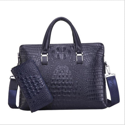 Blue Men's Luxury Crocodile Embossed PU Leather Briefcase(39 x 8 x 28 CM) With FREE Crocodile Wallet - Dual-Zip Business Shoulder/Crossbody Laptop Bag (Fits 14-inch).