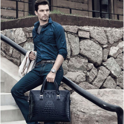 Blue Men's Luxury Crocodile Embossed PU Leather Briefcase(39 x 8 x 28 CM) With FREE Crocodile Wallet - Dual-Zip Business Shoulder/Crossbody Laptop Bag (Fits 14-inch).