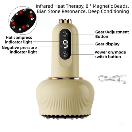 3-in-1 Portable Electric Gua Sha Meridian Cupping Massager Tool With 4 Cupping - 9-Gear Vibration & Soothing Heat Therapy Integrated Red Light Heat & EMS Magnetic Wave.
