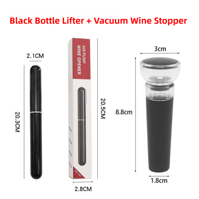 Black Pen-Style Air Pressure Wine Bottle Opener with Vacuum Wine Stopper Set - Effortless Cork Removal for Home & Champagne Party.
