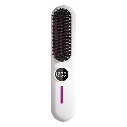 S01 White Cordless Hair Straightener Brush - 2-in-1 Curling & Straightening Tool with LED Power Display and 7-Level Temp Control, Mini Quick Heat Anti-Damage.