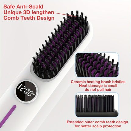 S01 White Cordless Hair Straightener Brush - 2-in-1 Curling & Straightening Tool with LED Power Display and 7-Level Temp Control, Mini Quick Heat Anti-Damage.