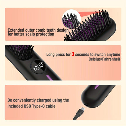 S01 White Cordless Hair Straightener Brush - 2-in-1 Curling & Straightening Tool with LED Power Display and 7-Level Temp Control, Mini Quick Heat Anti-Damage.