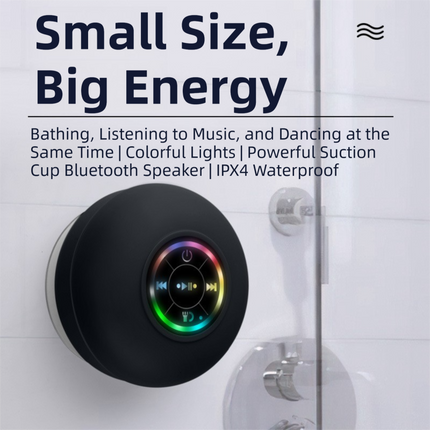 Black IPX4 Waterproof Portable Bluetooth Shower Speaker with Suction Cup & LED Light - Multi-Use As Phone Stand, Built-in Mic for Hands-Free Calling.