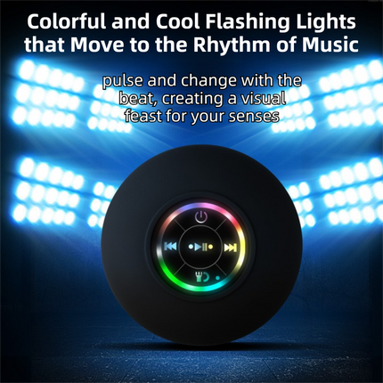 Black IPX4 Waterproof Portable Bluetooth Shower Speaker with Suction Cup & LED Light - Multi-Use As Phone Stand, Built-in Mic for Hands-Free Calling.